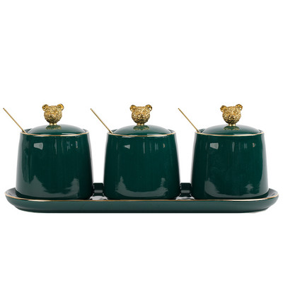 Nordic Green kerámia fűszeres edénykészlet Konyhai kellékek Otthoni fűszeres üvegek Kanál fedéllel Medve Sószóró Fűszertartály