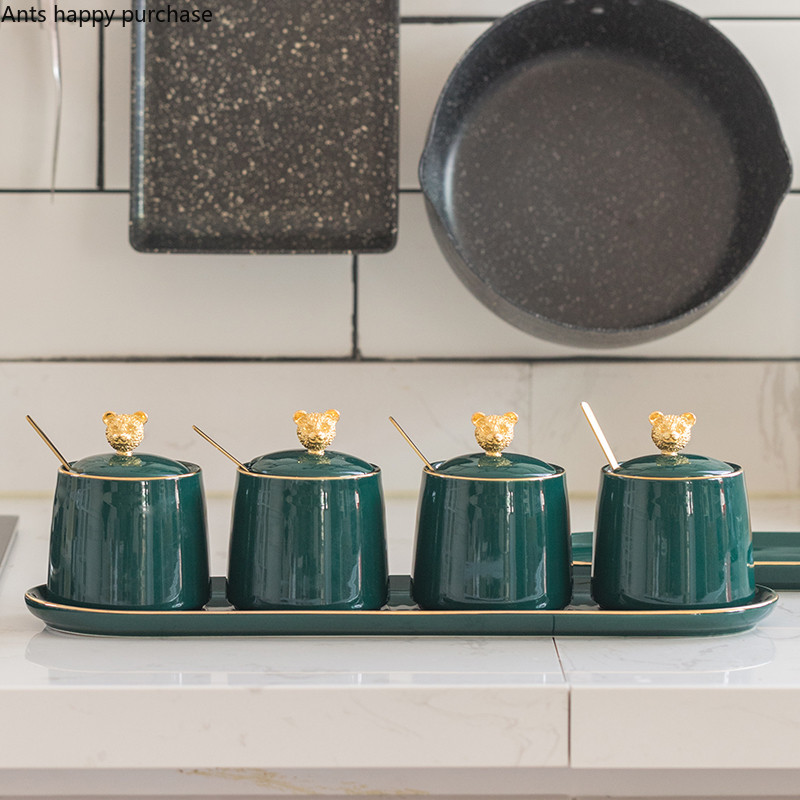 Nordic Green kerámia fűszeres edénykészlet Konyhai kellékek Otthoni fűszeres üvegek Kanál fedéllel Medve Sószóró Fűszertartály