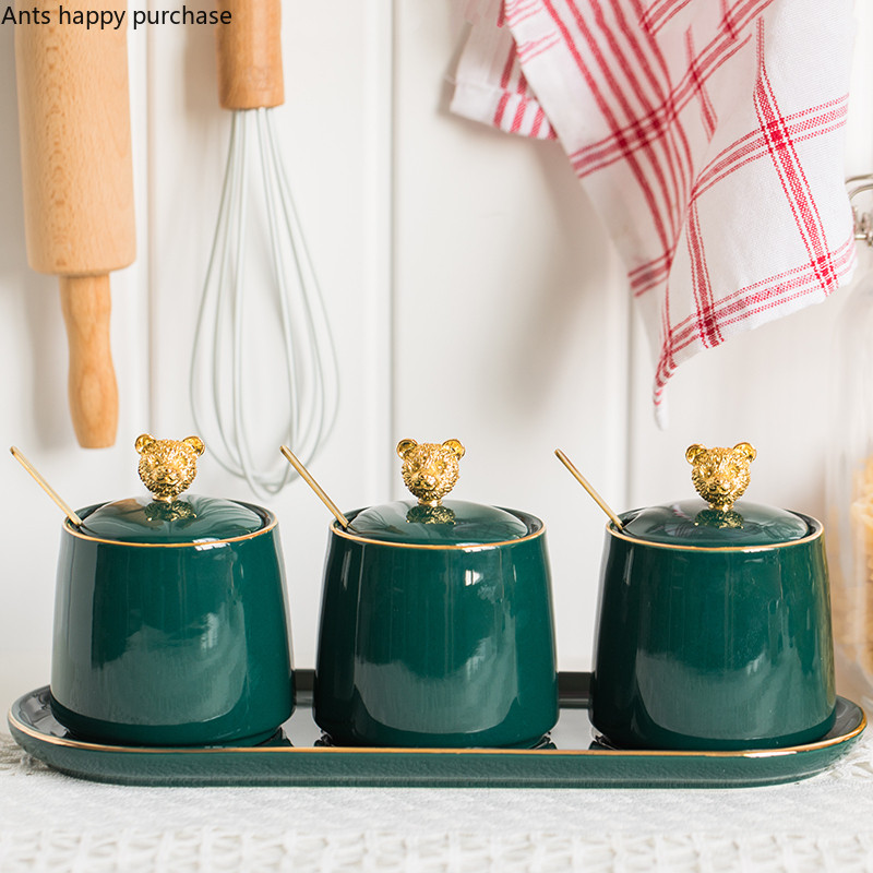 Nordic Green kerámia fűszeres edénykészlet Konyhai kellékek Otthoni fűszeres üvegek Kanál fedéllel Medve Sószóró Fűszertartály