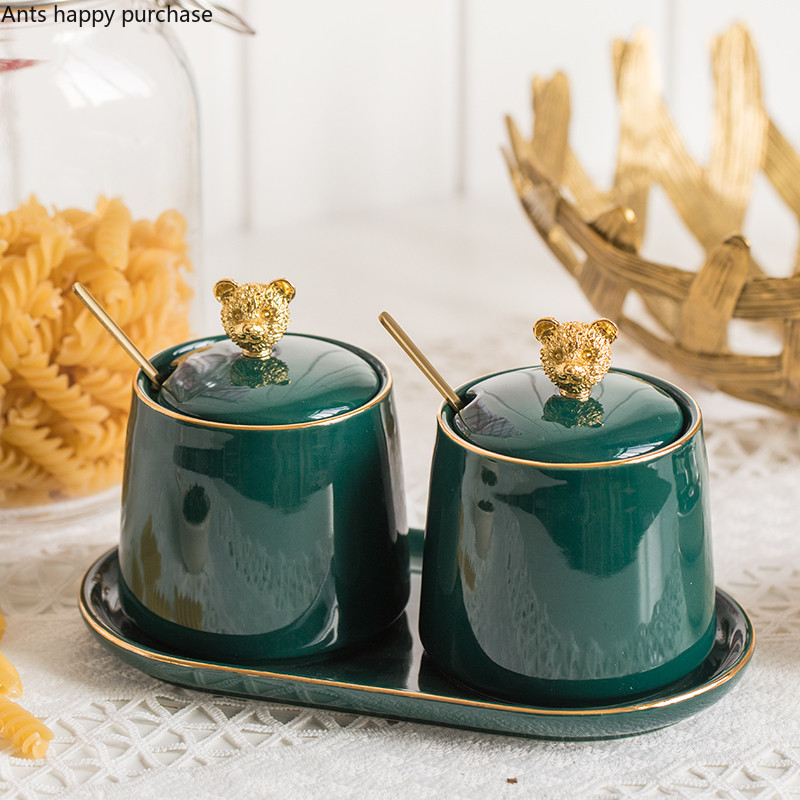 Nordic Green kerámia fűszeres edénykészlet Konyhai kellékek Otthoni fűszeres üvegek Kanál fedéllel Medve Sószóró Fűszertartály