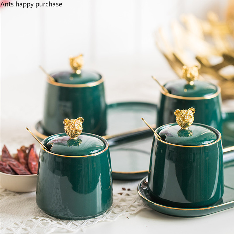 Nordic Green kerámia fűszeres edénykészlet Konyhai kellékek Otthoni fűszeres üvegek Kanál fedéllel Medve Sószóró Fűszertartály
