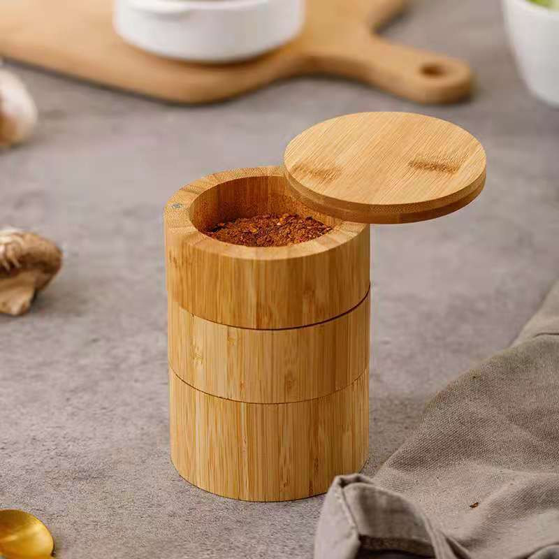 Kreatív Bamboo Wood 3 rétegű Fűszertartály Só Cukor Tartály Fűszer Paprika Bors Doboz Élelmiszer Tároló Tartály Konyhai Eszközök Új