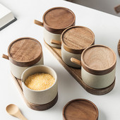 Borcan de condimente din ceramică retro cu tavă, sare de acasă, zahăr, alimente, borcan de cereale, organizator de boabe de cafea, sticla, capac din lemn, accesorii de bucătărie