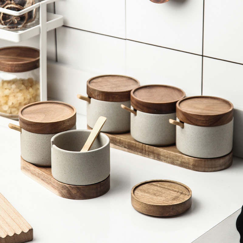 Borcan de condimente din ceramică retro cu tavă, sare de acasă, zahăr, alimente, borcan de cereale, organizator de boabe de cafea, sticla, capac din lemn, accesorii de bucătărie
