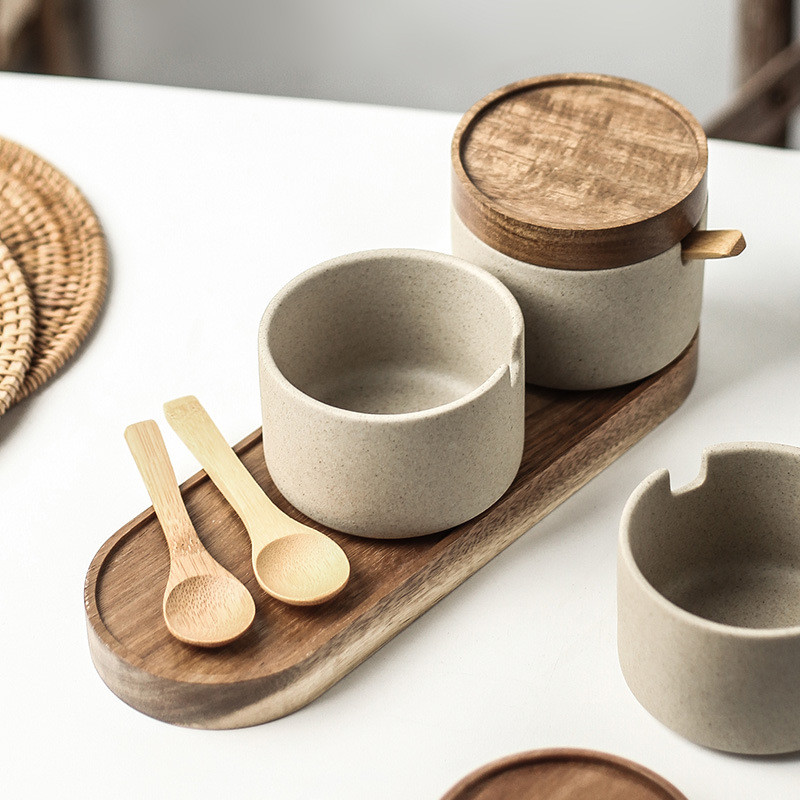 Borcan de condimente din ceramică retro cu tavă, sare de acasă, zahăr, alimente, borcan de cereale, organizator de boabe de cafea, sticla, capac din lemn, accesorii de bucătărie