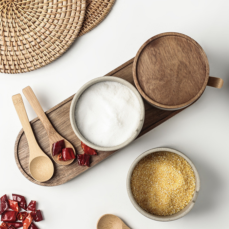 Borcan de condimente din ceramică retro cu tavă, sare de acasă, zahăr, alimente, borcan de cereale, organizator de boabe de cafea, sticla, capac din lemn, accesorii de bucătărie