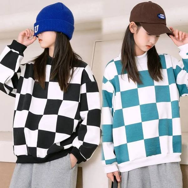 Dječja karirana bluza s ovalnim izrezom za djevojčice