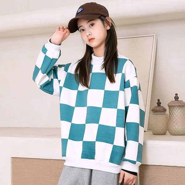 Dječja karirana bluza s ovalnim izrezom za djevojčice