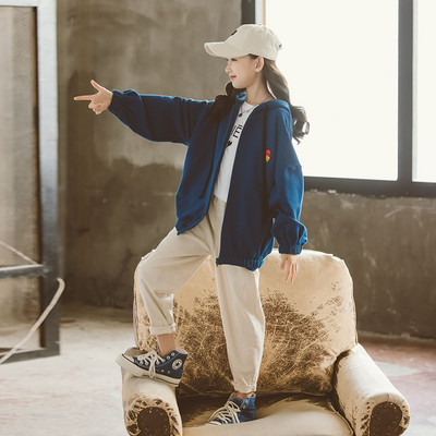 Vaikiškas sportinis megztinis mergaitėms su siuvinėjimu ir užtrauktuku