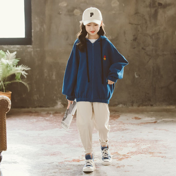 Vaikiškas sportinis megztinis mergaitėms su siuvinėjimu ir užtrauktuku