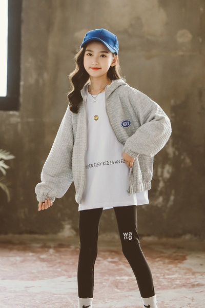 Hanorac cu glugă de culoare gri pentru copii casual pentru fete