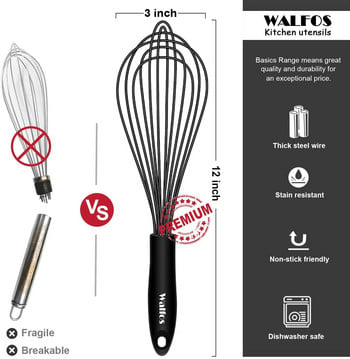 Whisk Walfos Silicone Whisk Wire Whisk από ανοξείδωτο ατσάλι - Ανθεκτικά στη θερμότητα σύρμα κουζίνας για αντικολλητικό εργαλείο κουζίνας με αφρώδη αυγά