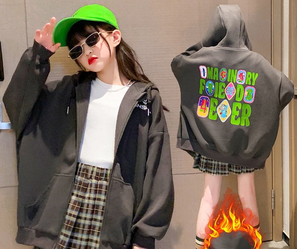 Mergaičių megztinis plačiomis kojomis su šiltu pamušalu ir užrašu