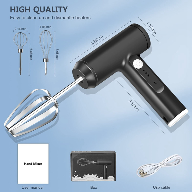Agitator de mână Mixer de mână electric fără fir USB Reîncărcabil cu 3 viteze Bate fără fir pentru albuș de ou, prăjitură, cappuccino