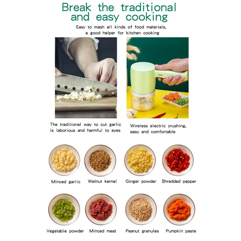 Bate electrică fără fir 2 în 1 Tocător de mâncare Tocător de usturoi Mixer de albuș de ou pentru smântână Ustensile de bucătărie, încărcare USB