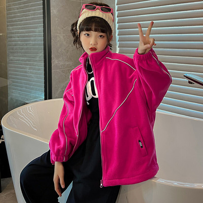 Hanorac de culoare uni cu buzunar si inchidere cu fermoar pentru fete