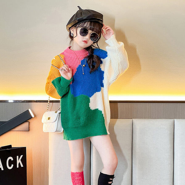 Pulover de iarnă colorat pentru fete, cu mânecă lungă și gât oval