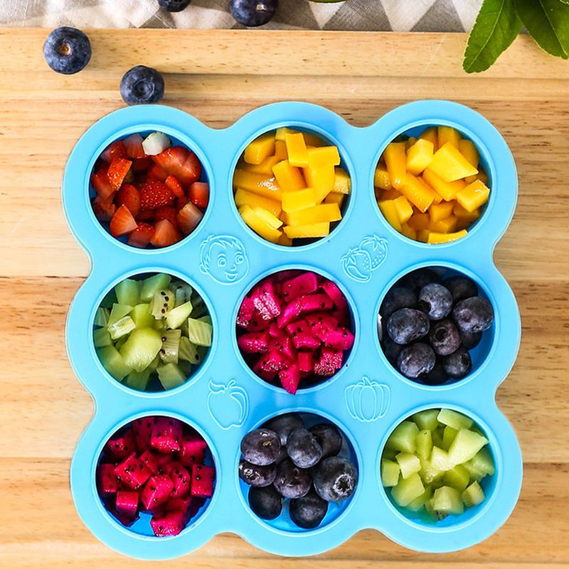 NAUJA 9 skylių kūdikių maisto talpyklos papildo laikymo dėžutė, silikoninė ledo kubelių forma su dangteliu šaldiklio traškučio padėklas, nuleidžiamas 1 vnt.