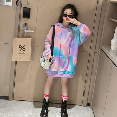 Hanorac lung pentru copii cu glugă și buzunar pentru fete