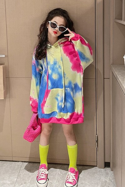 Hanorac lung pentru copii cu glugă și buzunar pentru fete