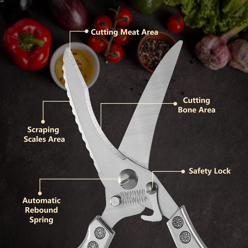 Sunkios virtuvės žirklės su metaline rankena, didelėmis aštriomis paukštienos žirklėmis, dantytomis, tinka mėsai, maistui, žuviai