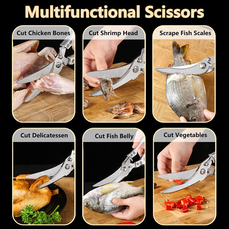Sunkios virtuvės žirklės su metaline rankena, didelėmis aštriomis paukštienos žirklėmis, dantytomis, tinka mėsai, maistui, žuviai