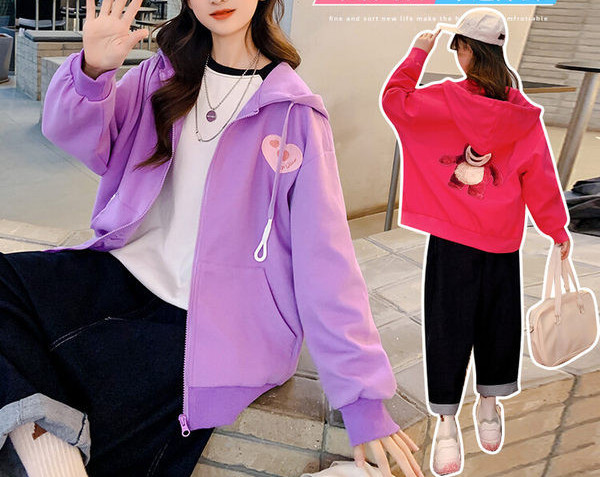 Hanorac casual pentru copii cu gluga pentru fete - culoare rosu si violet