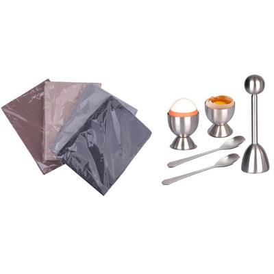 1 komplekti munapurustajate komplekt – pehme kõvaks keedetud munade eraldaja ja 4 tk puuvillased salvrätikud, riidest teerätik