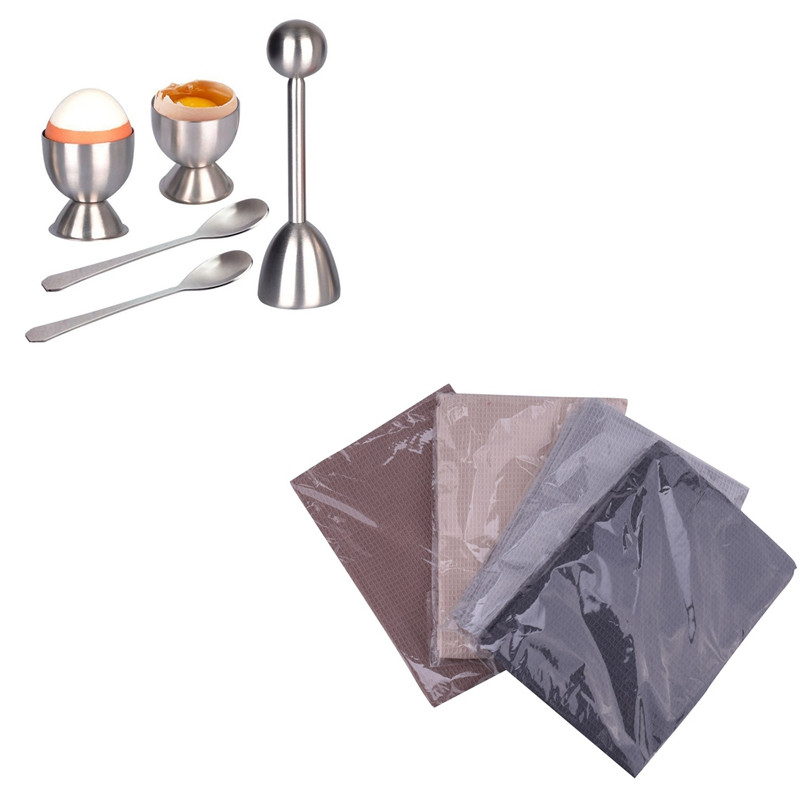 1 komplekti munapurustajate komplekt – pehme kõvaks keedetud munade eraldaja ja 4 tk puuvillased salvrätikud, riidest teerätik