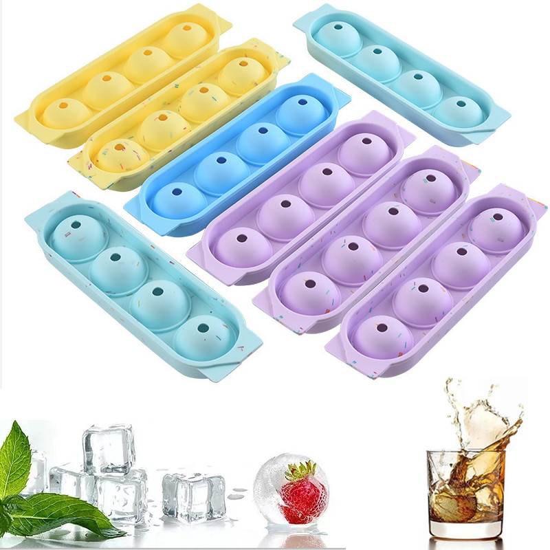 Mold cu 4 bile din silicon pentru bile de gheață Producător rotund de bile de gheață cu capac Tavă de gheață pentru whisky de casă Instrumente reutilizabile pentru prepararea gheții DIY 24,5x7cm