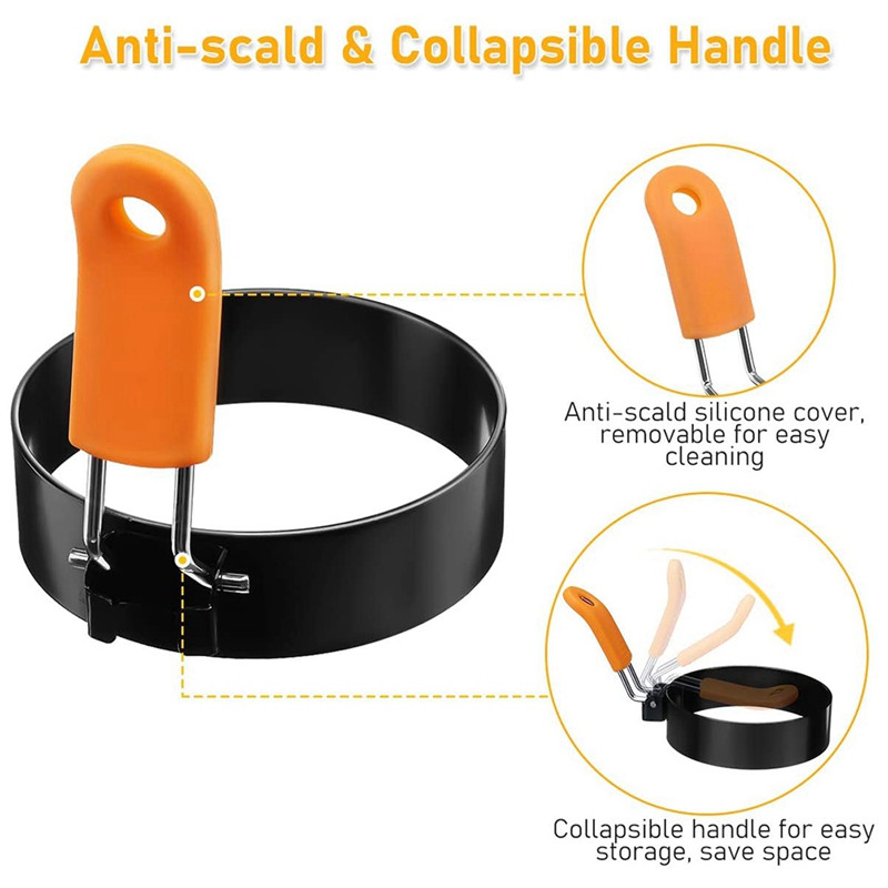 Inele de ouă ABSF, inel de ouă pentru prăjirea ouălor Mcmuffins, pachet de 4 inele de gătit ouă din oțel inoxidabil cu mâner anti-opărire