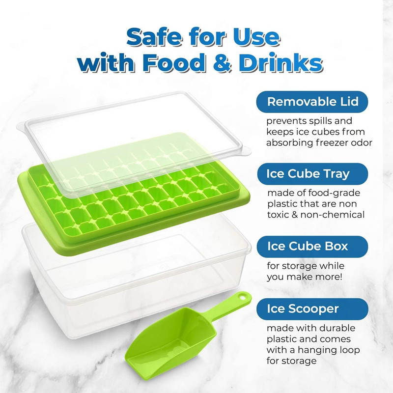 Tavă pătrată pentru gheață cu capac și recipient 55 mini pepite Tavă pentru gheață pentru congelator Vine cu recipient pentru gheață, cupă și capac