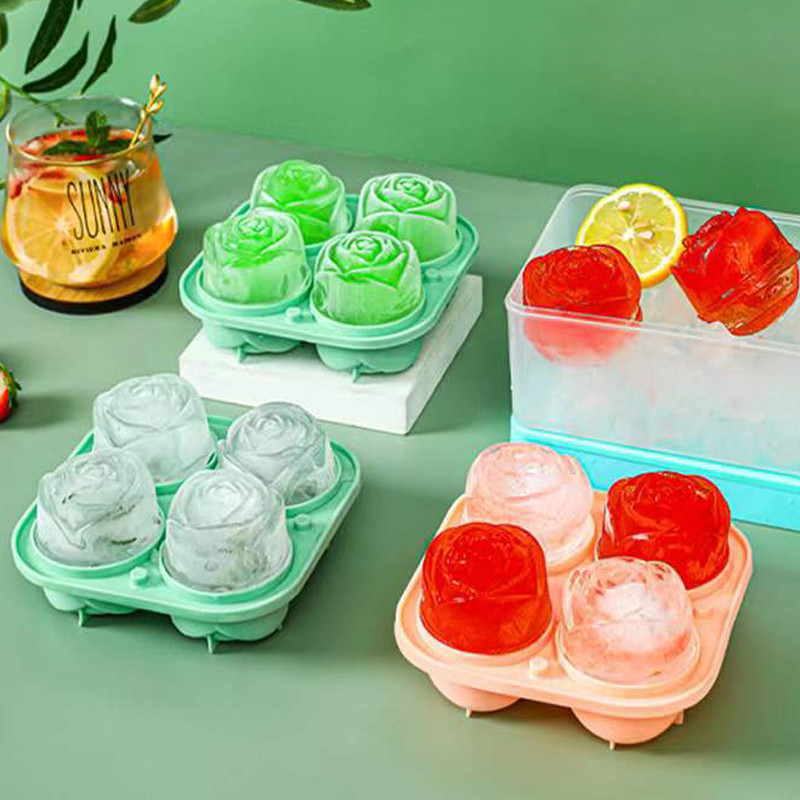 Formă de flori de trandafir DIY cu 4 găuri Forme de silicon pentru cuburi de gheață cu capac Tavă reutilizabilă pentru cuburi de gheață Accesorii pentru bucătărie Instrument pentru înghețată