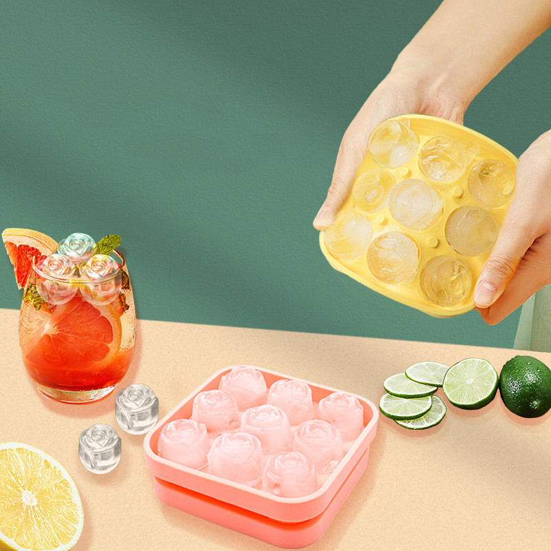 Formă cu gheață din silicon cu 9 găuri Tavă creativă pentru cuburi de gheață cu flori de trandafir cu capac Accesorii de bucătărie Aparat de gheață reutilizabil Cutie de gheață cu gel de silice