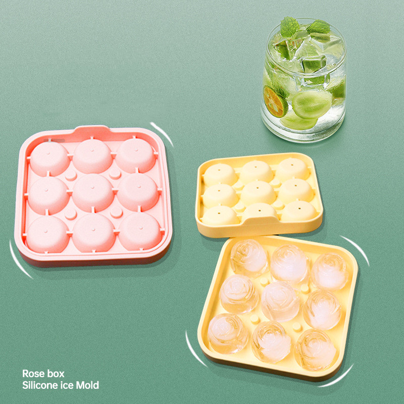 Formă cu gheață din silicon cu 9 găuri Tavă creativă pentru cuburi de gheață cu flori de trandafir cu capac Accesorii de bucătărie Aparat de gheață reutilizabil Cutie de gheață cu gel de silice