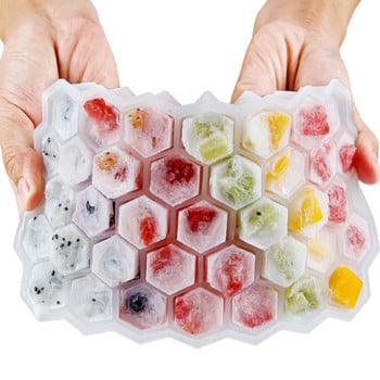 Силиконова форма за кубчета лед с капак Хранителна пчелна пита 37 решетъчна кутия за лед Удебелен ледогенератор Домашно съхранение на кубчета лед