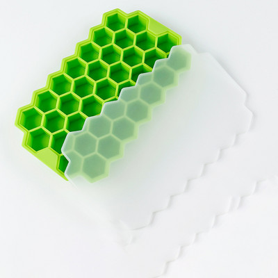 Szilikon jégkocka forma fedővel, élelmiszer minőségű méhsejt 37 rácsos jégdoboz, vastagított jégkészítő otthoni jégkocka tároló