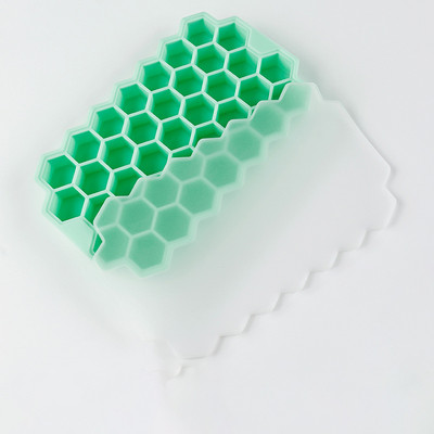 Szilikon jégkocka forma fedővel, élelmiszer minőségű méhsejt 37 rácsos jégdoboz, vastagított jégkészítő otthoni jégkocka tároló