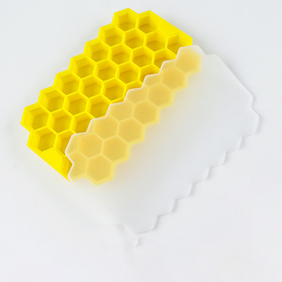 Szilikon jégkocka forma fedővel, élelmiszer minőségű méhsejt 37 rácsos jégdoboz, vastagított jégkészítő otthoni jégkocka tároló