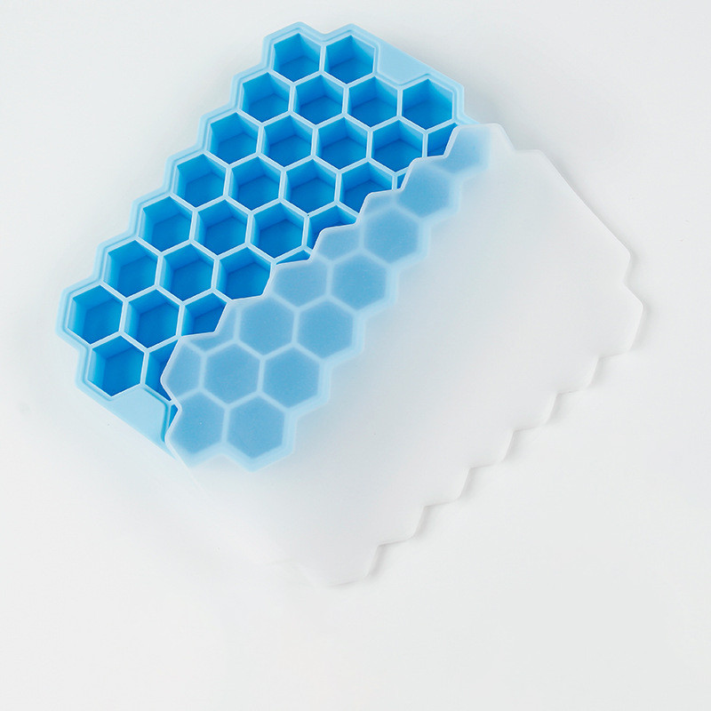 Szilikon jégkocka forma fedővel, élelmiszer minőségű méhsejt 37 rácsos jégdoboz, vastagított jégkészítő otthoni jégkocka tároló