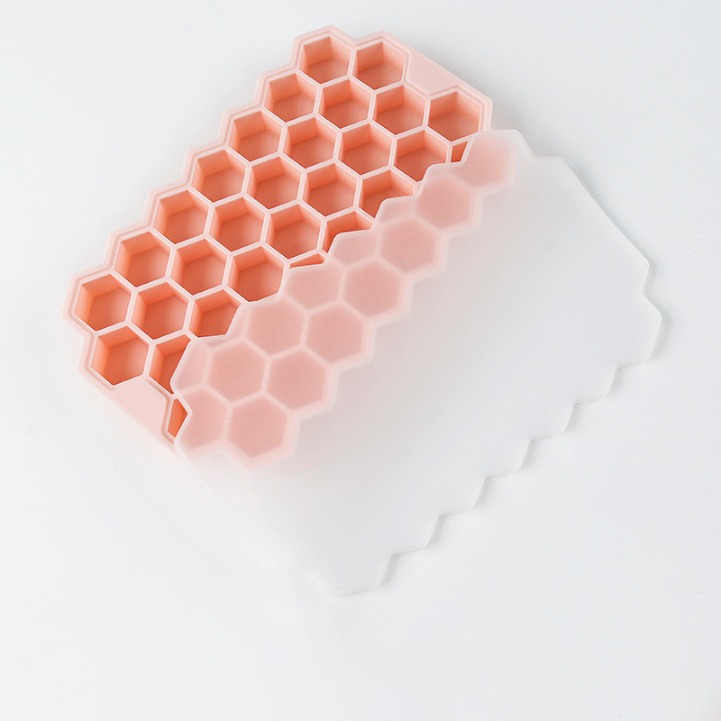 Szilikon jégkocka forma fedővel, élelmiszer minőségű méhsejt 37 rácsos jégdoboz, vastagított jégkészítő otthoni jégkocka tároló