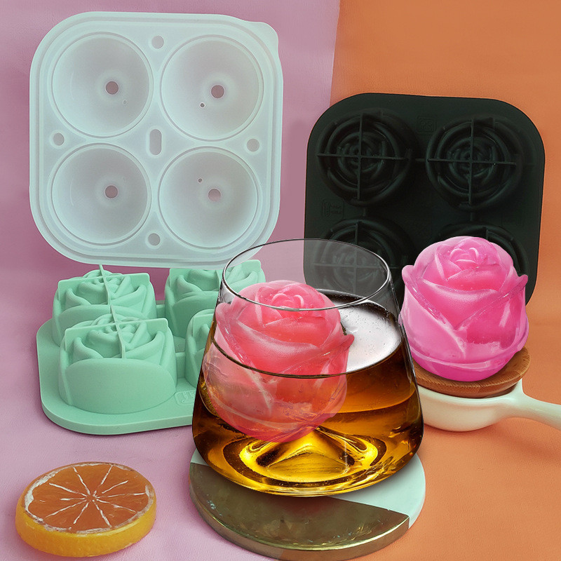Summer 4 Grile Silicon Rose Ice Cube Tavi Set Formă pentru ciocolată Formă pentru înghețată Whisky Bar Instrument pentru băuturi reci cu capac în formă de pâlnie