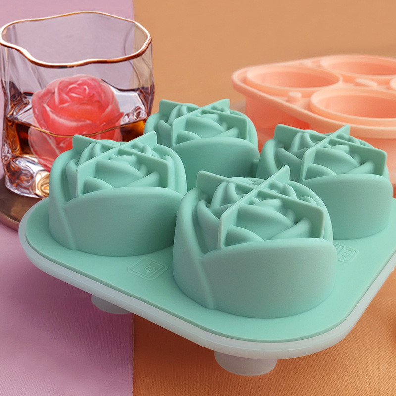 Summer 4 Grile Silicon Rose Ice Cube Tavi Set Formă pentru ciocolată Formă pentru înghețată Whisky Bar Instrument pentru băuturi reci cu capac în formă de pâlnie