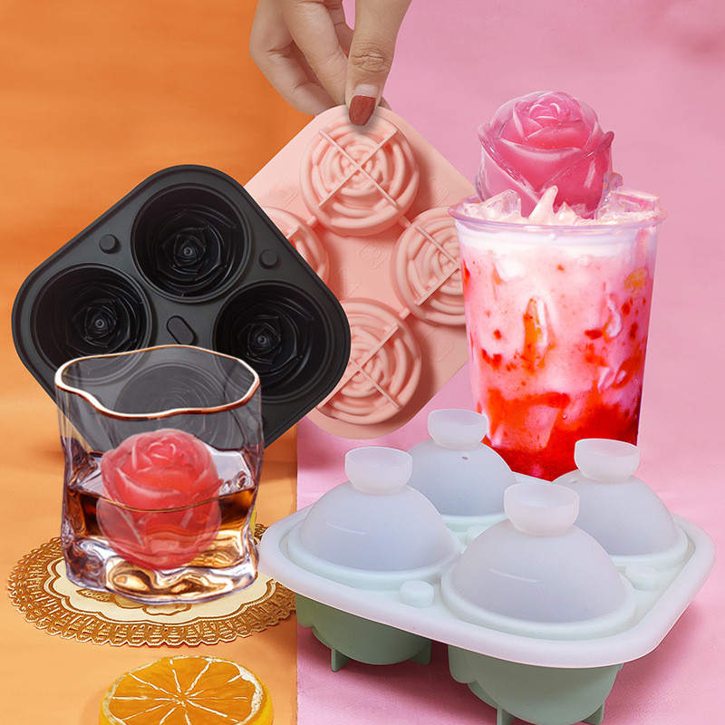 Summer 4 Grile Silicon Rose Ice Cube Tavi Set Formă pentru ciocolată Formă pentru înghețată Whisky Bar Instrument pentru băuturi reci cu capac în formă de pâlnie