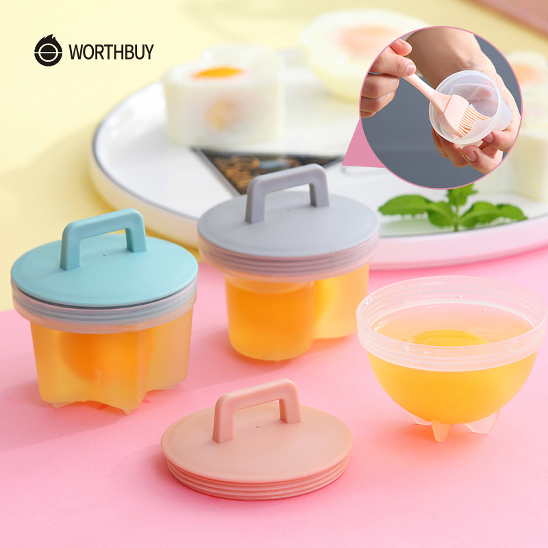 4 bucăți/set drăguț boiler de ouă din plastic set de braconaj de ouă de bucătărie unelte pentru gătit ouă, formă de matriță pentru ouă, cu capac, perie, aparat de clătite