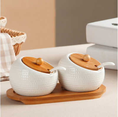 Borcan de condimente din ceramică de uz casnic cu lingură Capac din lemn Borcan de condimente Cutie de sos de soia Borcan de sare de zahăr Borcan de chili Instrument de depozitare pentru bucătărie