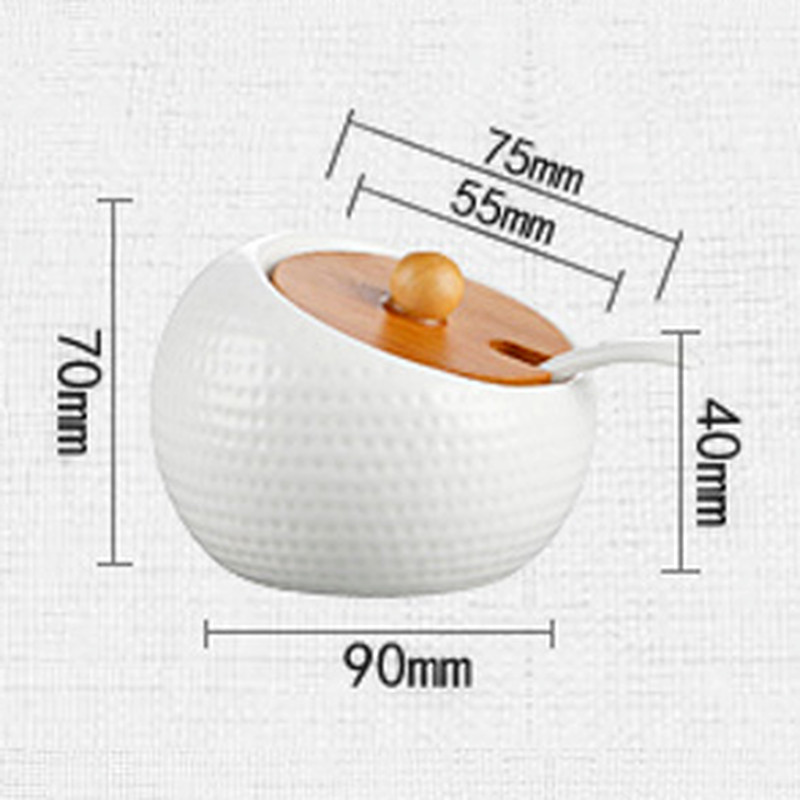 Borcan de condimente din ceramică de uz casnic cu lingură Capac din lemn Borcan de condimente Cutie de sos de soia Borcan de sare de zahăr Borcan de chili Instrument de depozitare pentru bucătărie