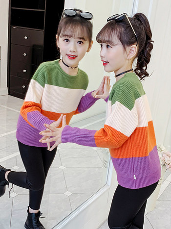Πολύχρωμο χειμερινό πουλόβερ με ψηλό γιακά πόλο για κορίτσια