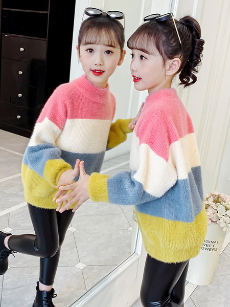 Pulover de iarnă cu guler polo înalt colorat pentru fete