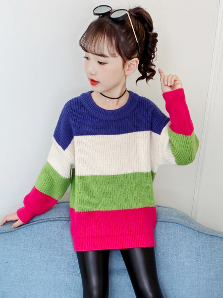 Pulover de iarnă cu guler polo înalt colorat pentru fete